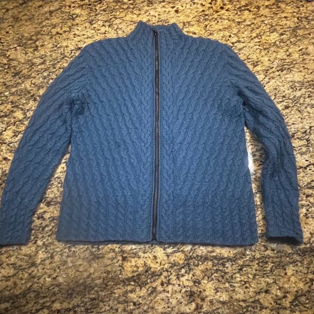 South Wool Blue 100% Alpaca Hand Knitted Cable Knit Full Zip Sweater Womens L